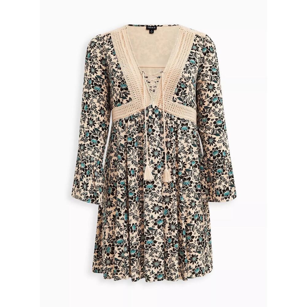 Torrid Floral Dress Lace Up Sz 2 18-20 Gauze Flowy Boho Green Tan New with Tags